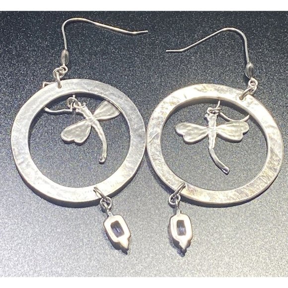 Large 925 Dragonfly Hoop Earrings Dangle Drop Amethyst Etched Fine Insect Unique - Picture 5 of 7